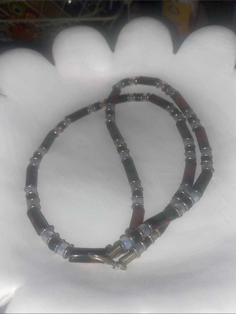 VTG rare glass and clay tube beaded necklace featuring roses on each tube bead.